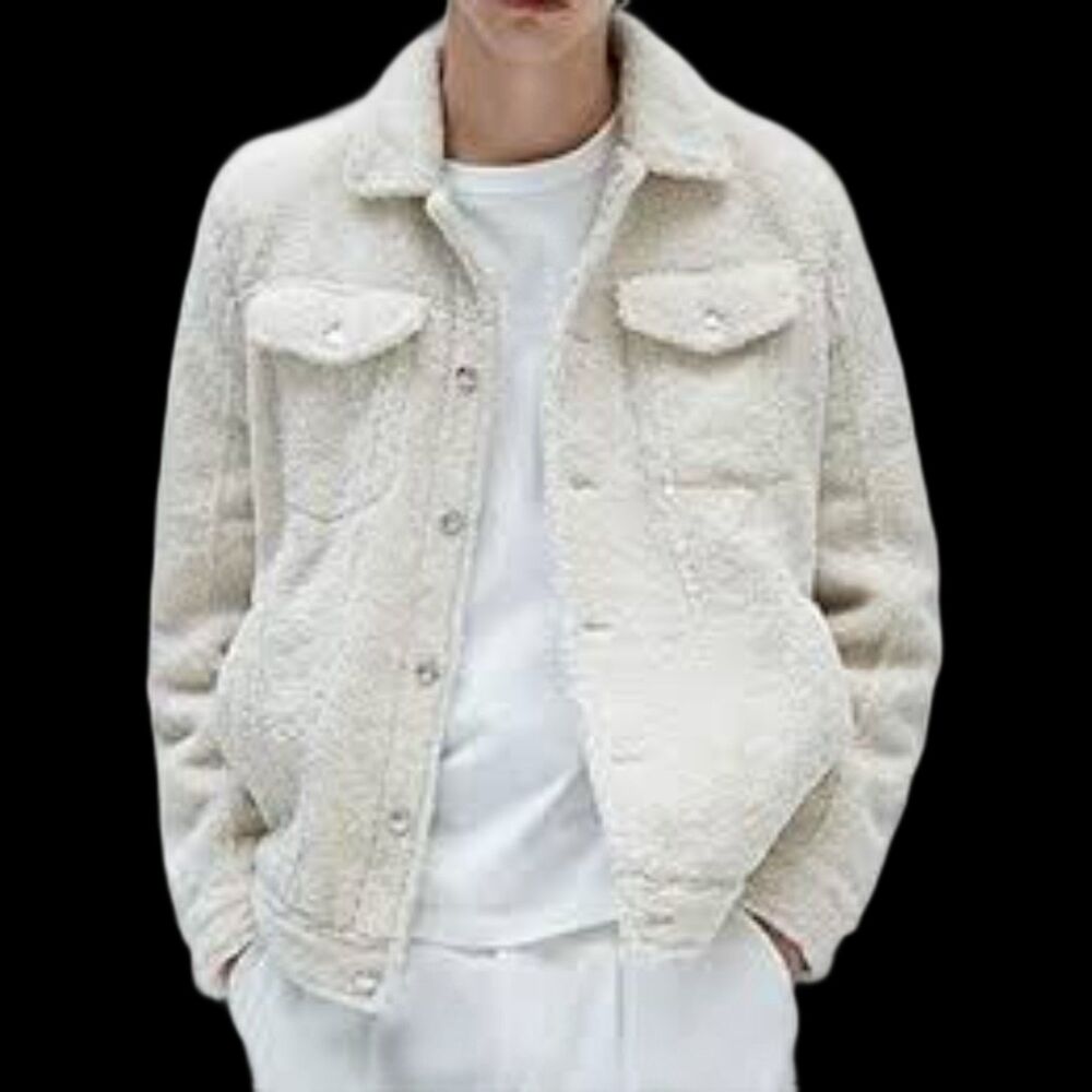 ASOS DESIGN Sherpa Fleece Trucker Jacket Cozycore Cream Mens Large Long